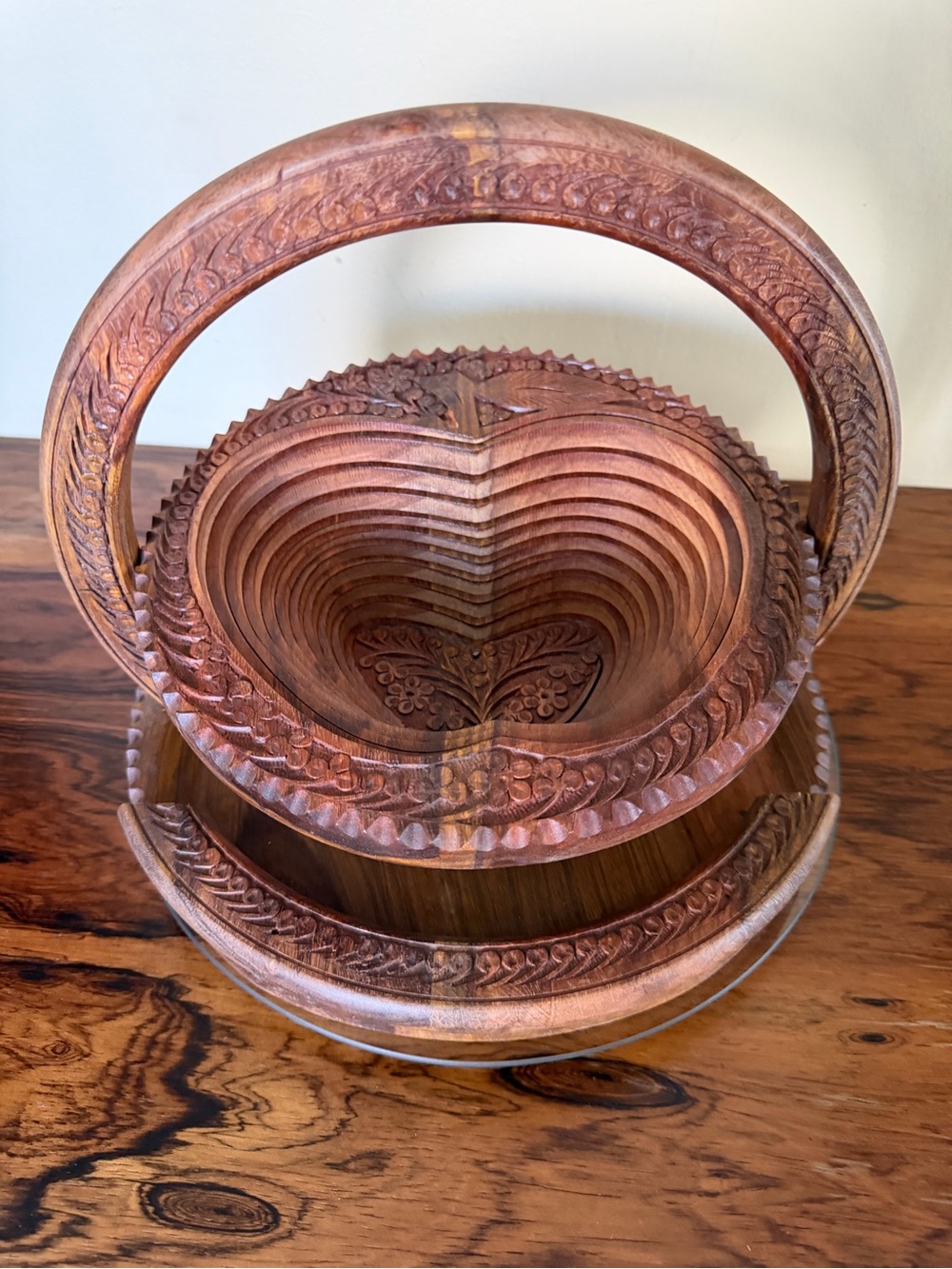 Vintage Hand-Carved Rosewood Collapsible Apple-Shaped Accordion Basket / Trivet